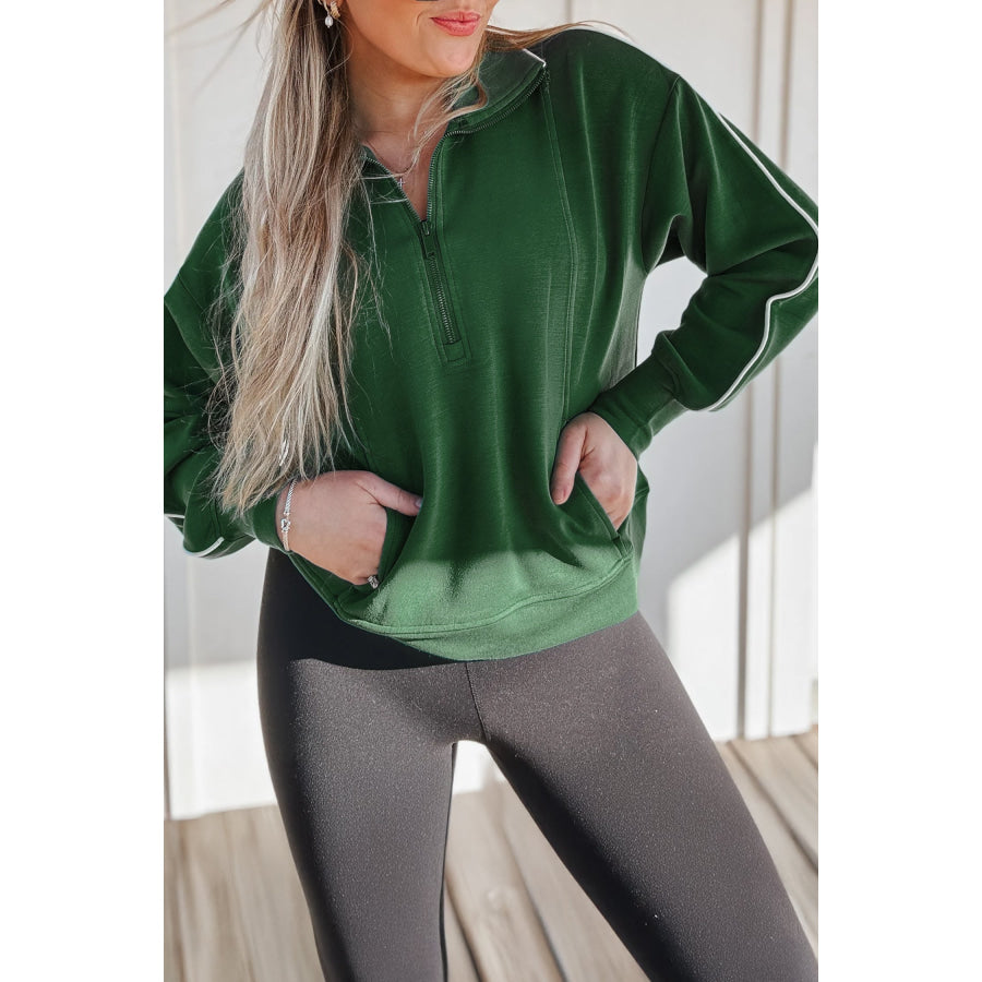 Sea Green High Neck Zip-Up Loose Fit Long Sleeve Sweatshirt / S / 50% Polyester + 43% Viscose + 7% Elastane Tops/Sweatshirts & Hoodies