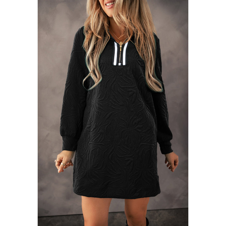 Sea Green Jacquard Textured Quarter Zipper Shift Mini Dress Black / S / 97% Polyester + 3% Elastane Dresses/Mini Dresses