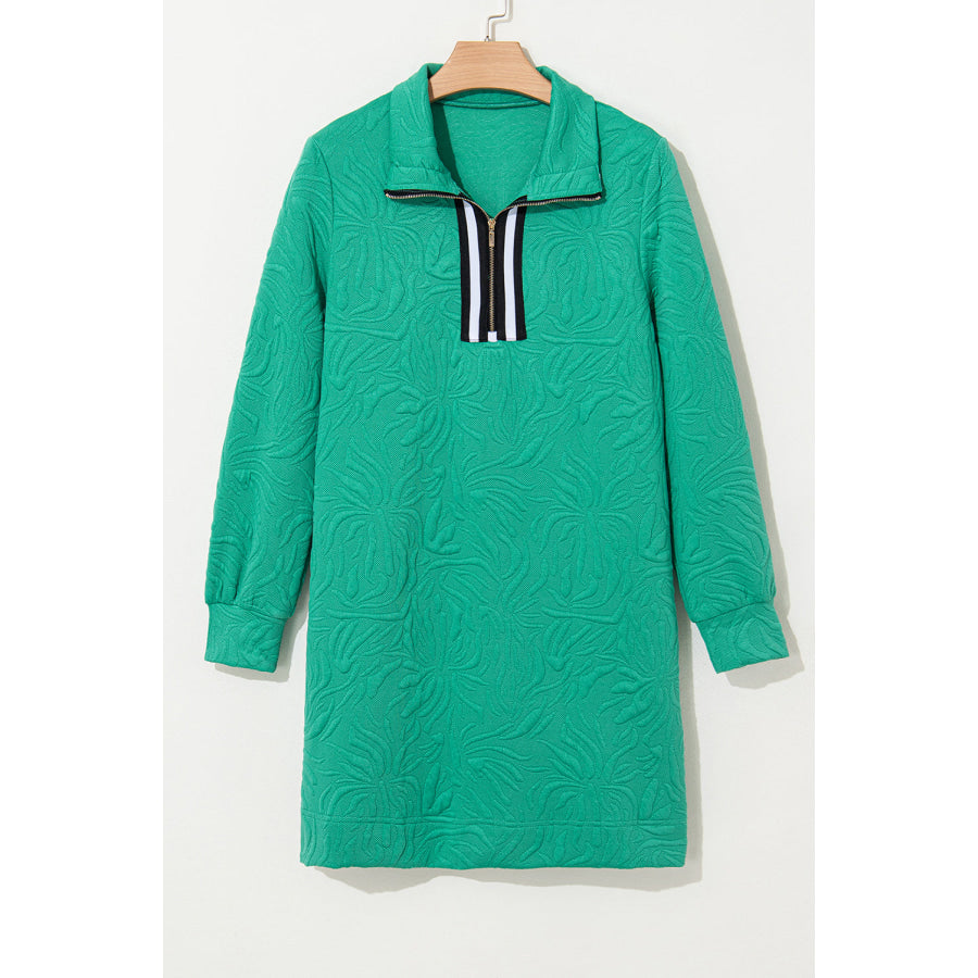 Sea Green Jacquard Textured Quarter Zipper Shift Mini Dress Dresses/Mini Dresses