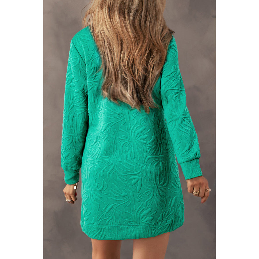 Sea Green Jacquard Textured Quarter Zipper Shift Mini Dress Dresses/Mini Dresses