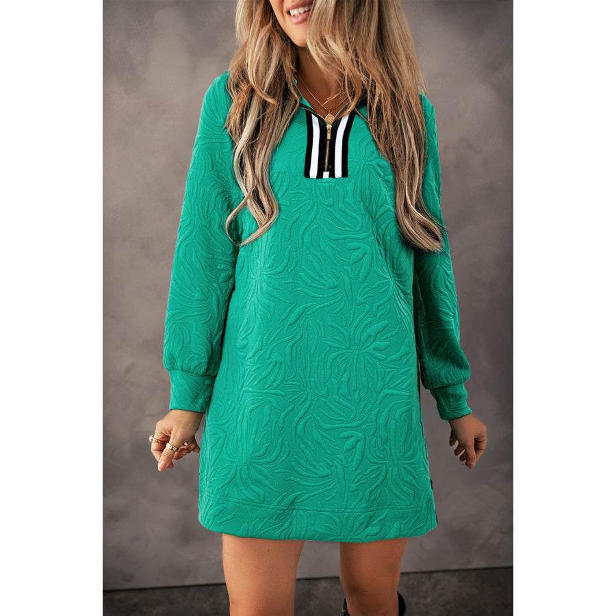 Sea Green Jacquard Textured Quarter Zipper Shift Mini Dress Sea Green / S / 97% Polyester + 3% Elastane Dresses/Mini Dresses