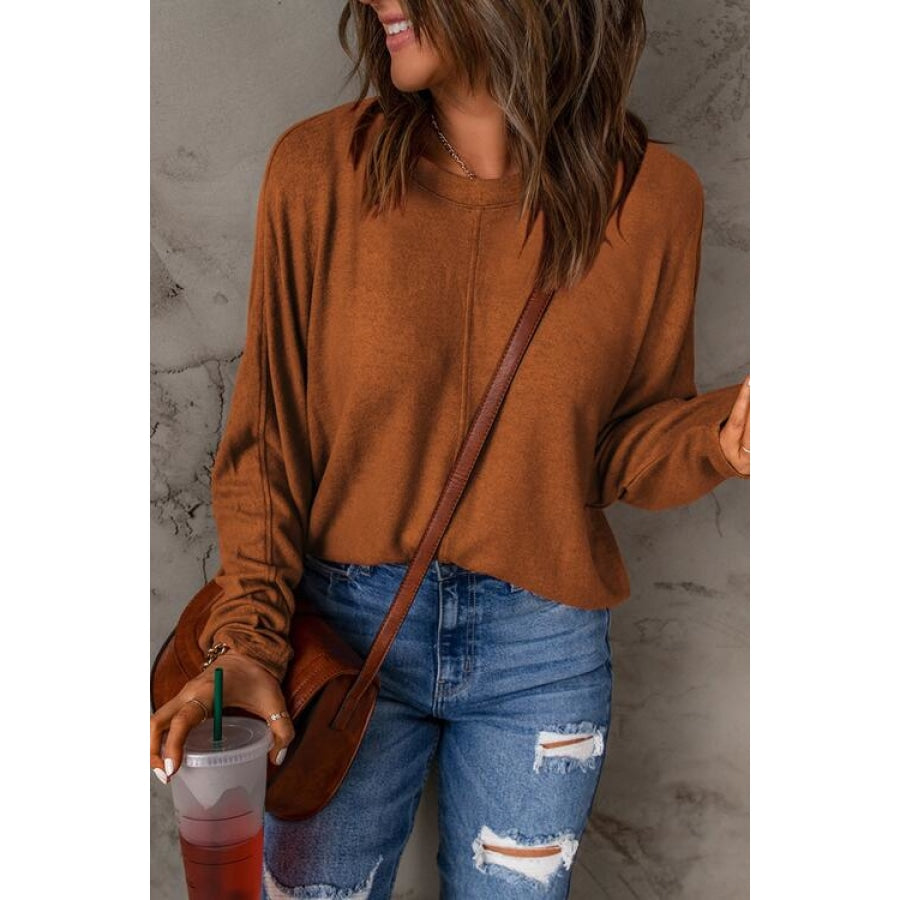 Seam Detail Round Neck Long Sleeve Top Caramel / S Clothing