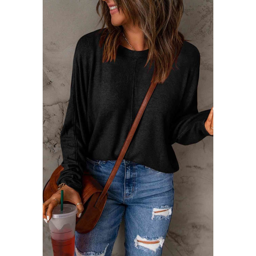 Seam Detail Round Neck Long Sleeve Top Clothing