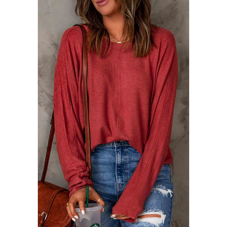 Seam Detail Round Neck Long Sleeve Top Clothing