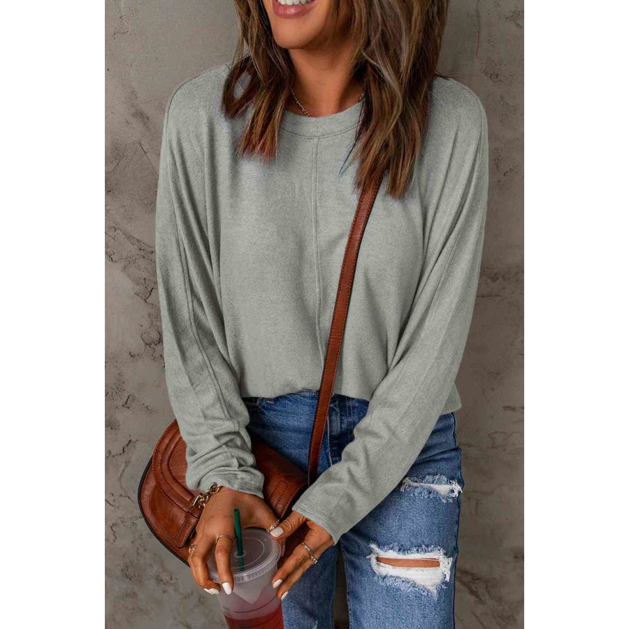 Seam Detail Round Neck Long Sleeve Top Gray / S Clothing