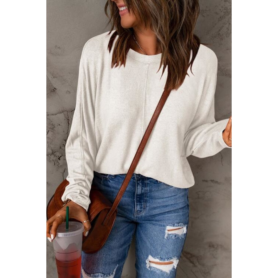 Seam Detail Round Neck Long Sleeve Top Ivory / S Clothing