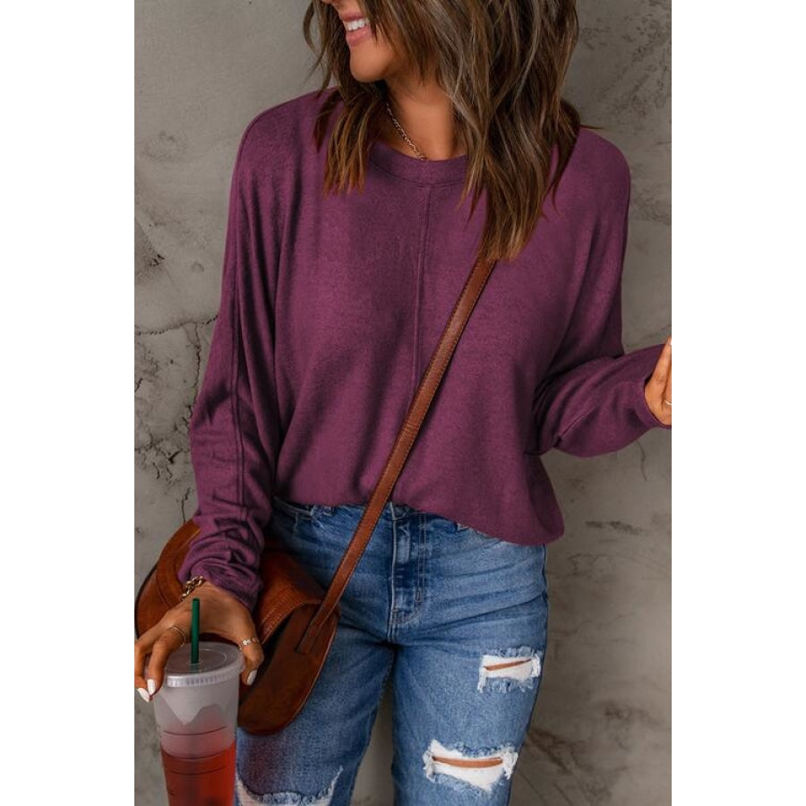 Seam Detail Round Neck Long Sleeve Top Purple / S Clothing