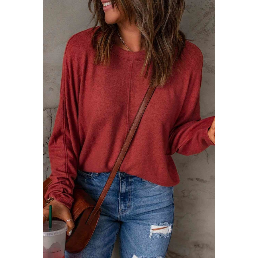 Seam Detail Round Neck Long Sleeve Top Red / S Clothing