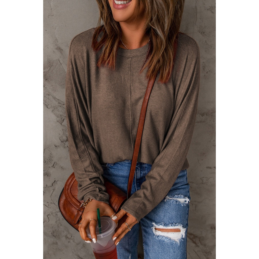 Seam Detail Round Neck Long Sleeve Top Taupe / 2XL Clothing