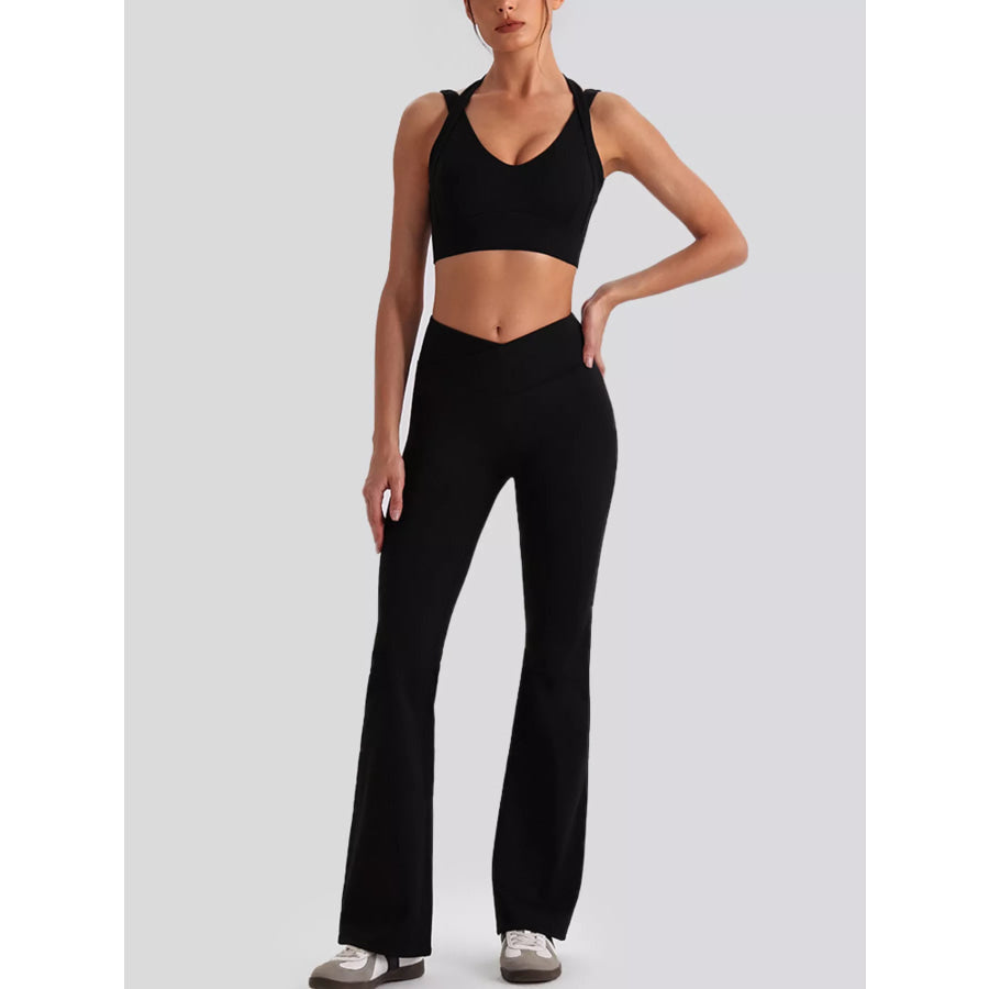 Seamless Criss-Cross V-Neck Tank and Leggings Active Set Black / S/4 Apparel and Accessories