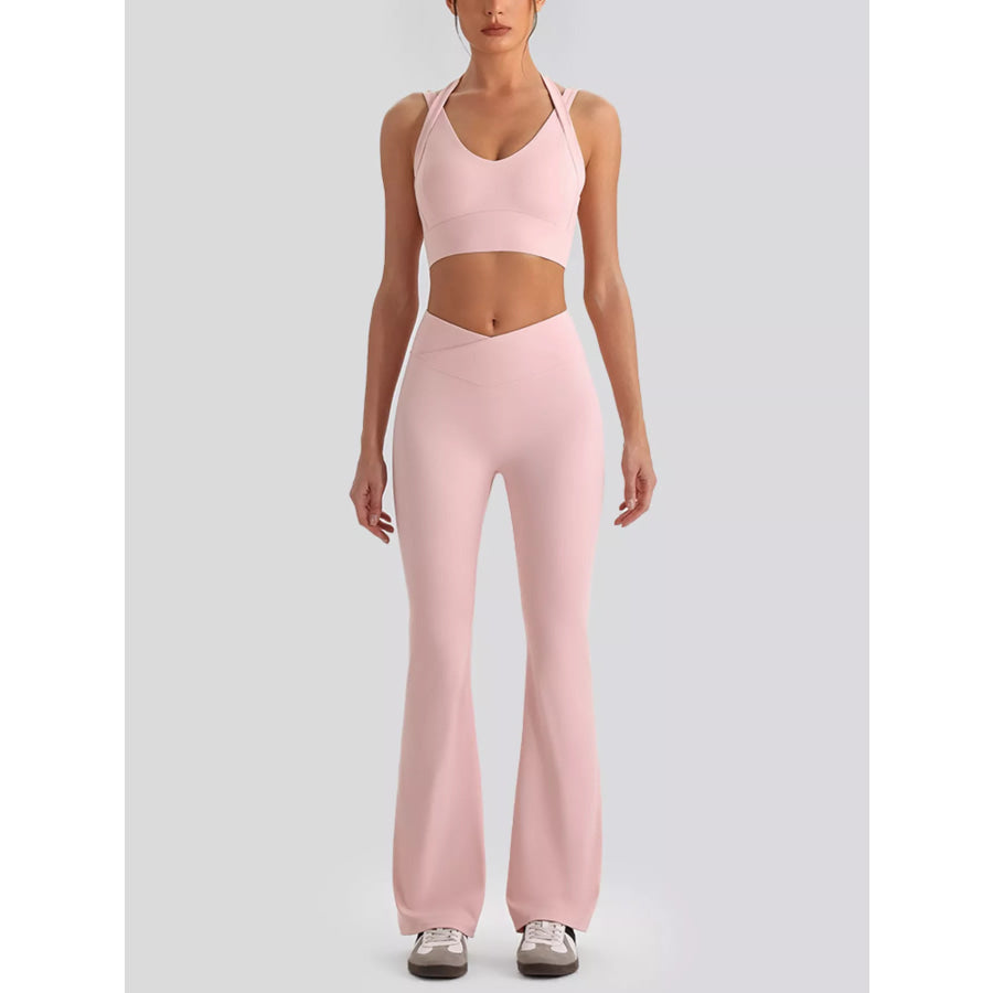 Seamless Criss-Cross V-Neck Tank and Leggings Active Set Blush Pink / S/4 Apparel and Accessories