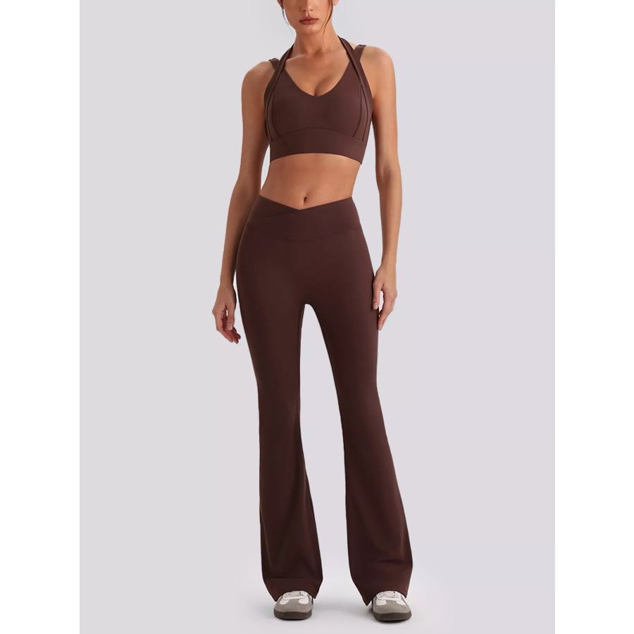 Seamless Criss-Cross V-Neck Tank and Leggings Active Set Brown / S/4 Apparel and Accessories