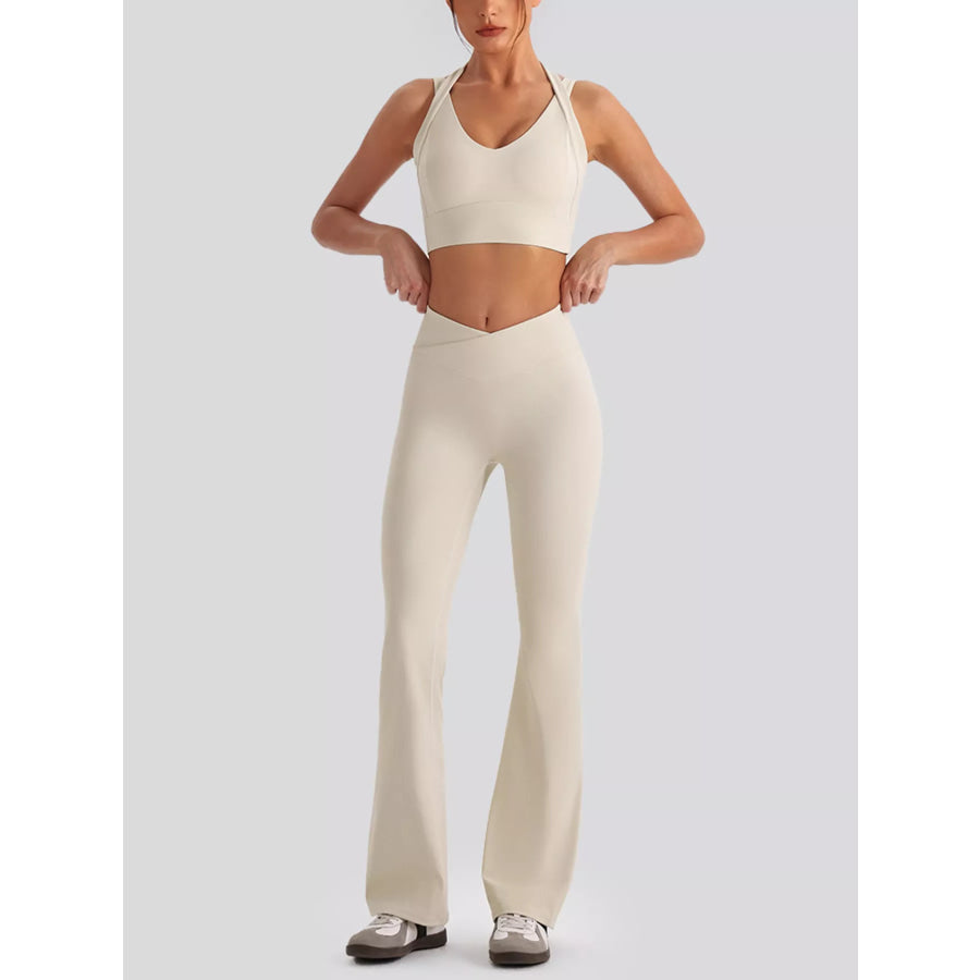Seamless Criss-Cross V-Neck Tank and Leggings Active Set Cream / S/4 Apparel and Accessories