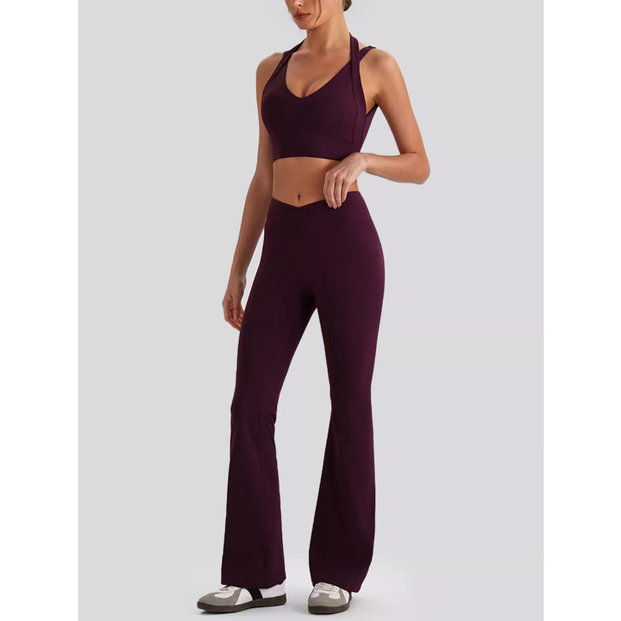 Seamless Criss-Cross V-Neck Tank and Leggings Active Set Plum Purple / S/4 Apparel and Accessories