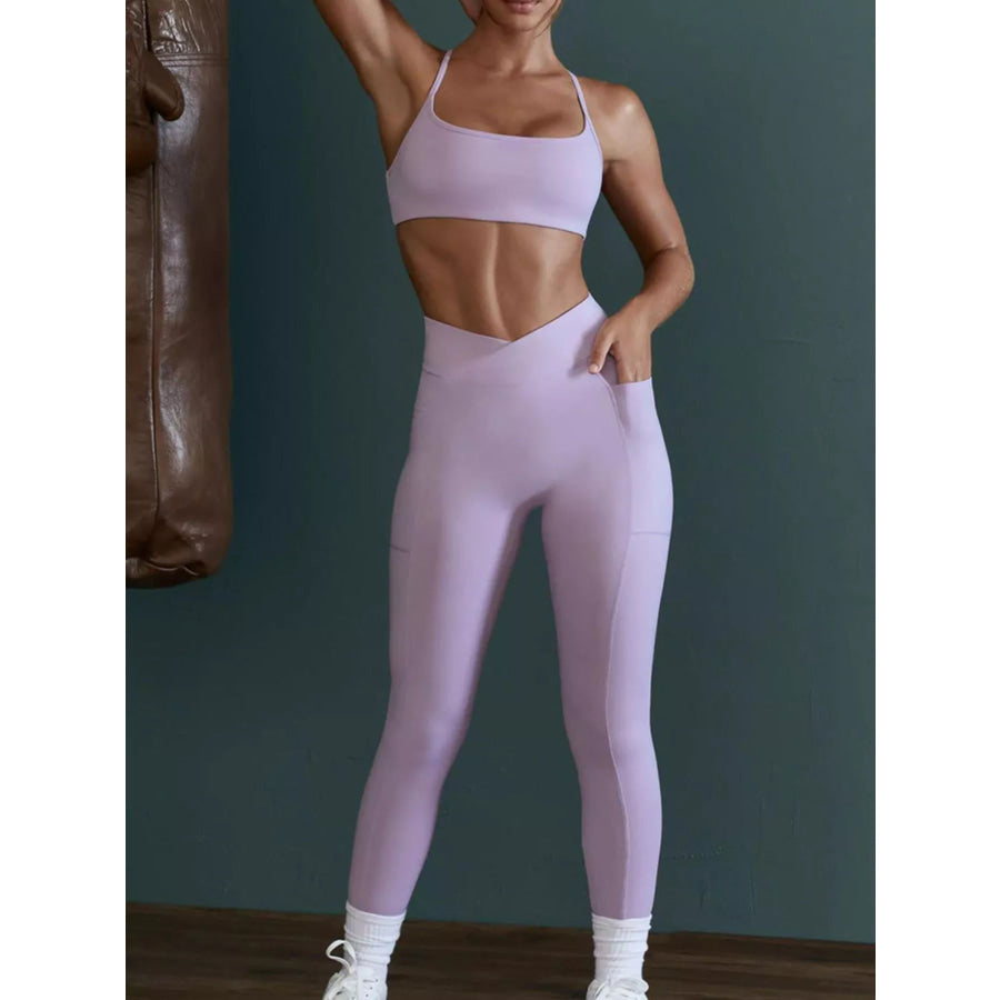 Seamless Cross-Waist Cami and Leggings Active Set Light Purple / S/4 Apparel and Accessories