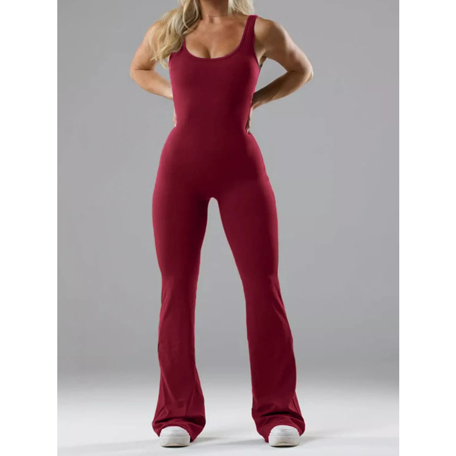 Seamless Scoop Neck Active Jumpsuit with Flared Leg Design Burgundy / XS Apparel and Accessories