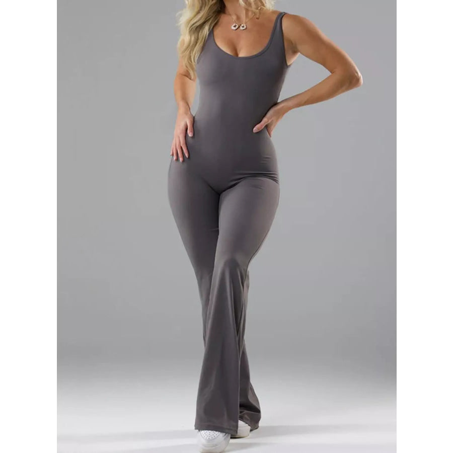 Seamless Scoop Neck Active Jumpsuit with Flared Leg Design Gray / XS Apparel and Accessories