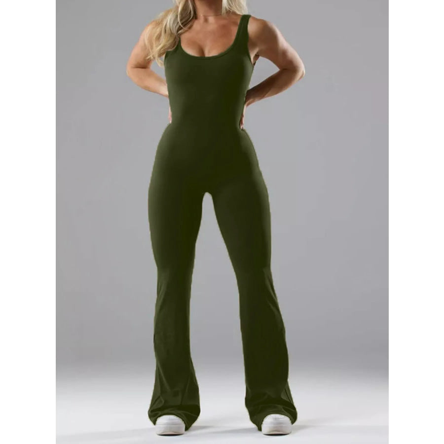 Seamless Scoop Neck Active Jumpsuit with Flared Leg Design Green / XS Apparel and Accessories