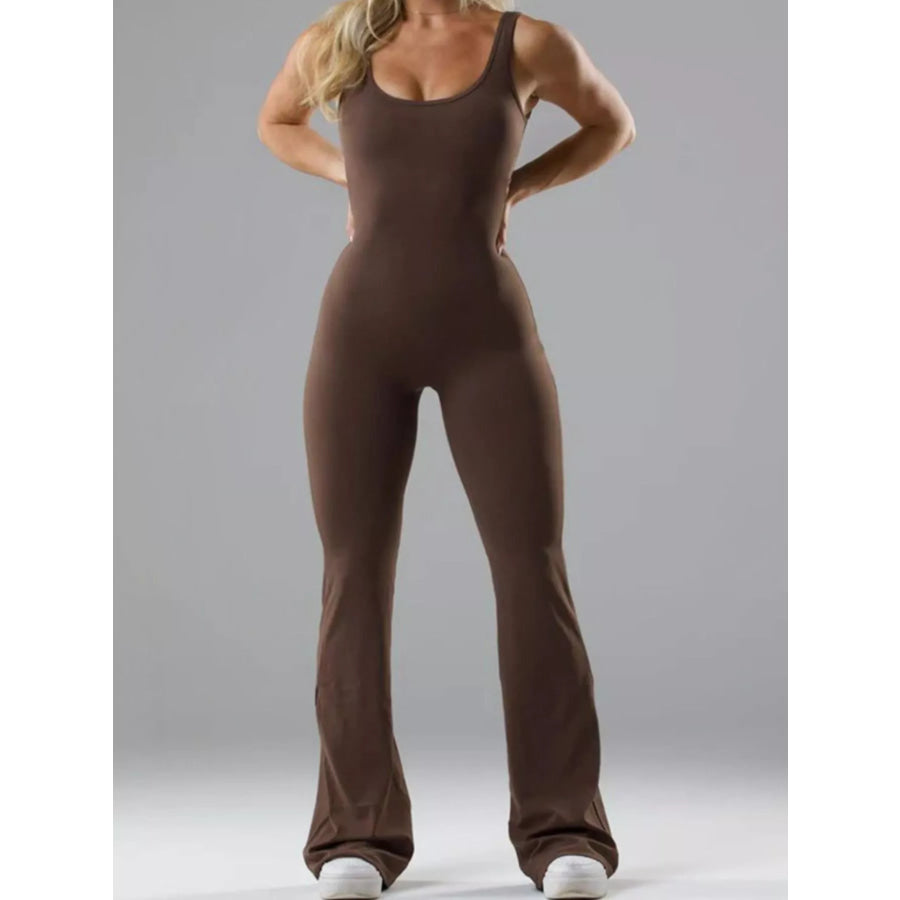 Seamless Scoop Neck Active Jumpsuit with Flared Leg Design Light Brown / XS Apparel and Accessories
