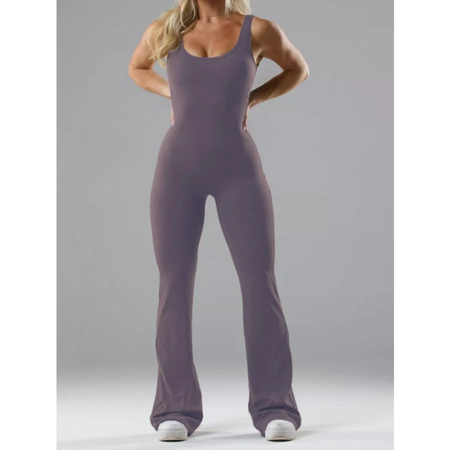 Seamless Scoop Neck Active Jumpsuit with Flared Leg Design Purple Gray / XS Apparel and Accessories