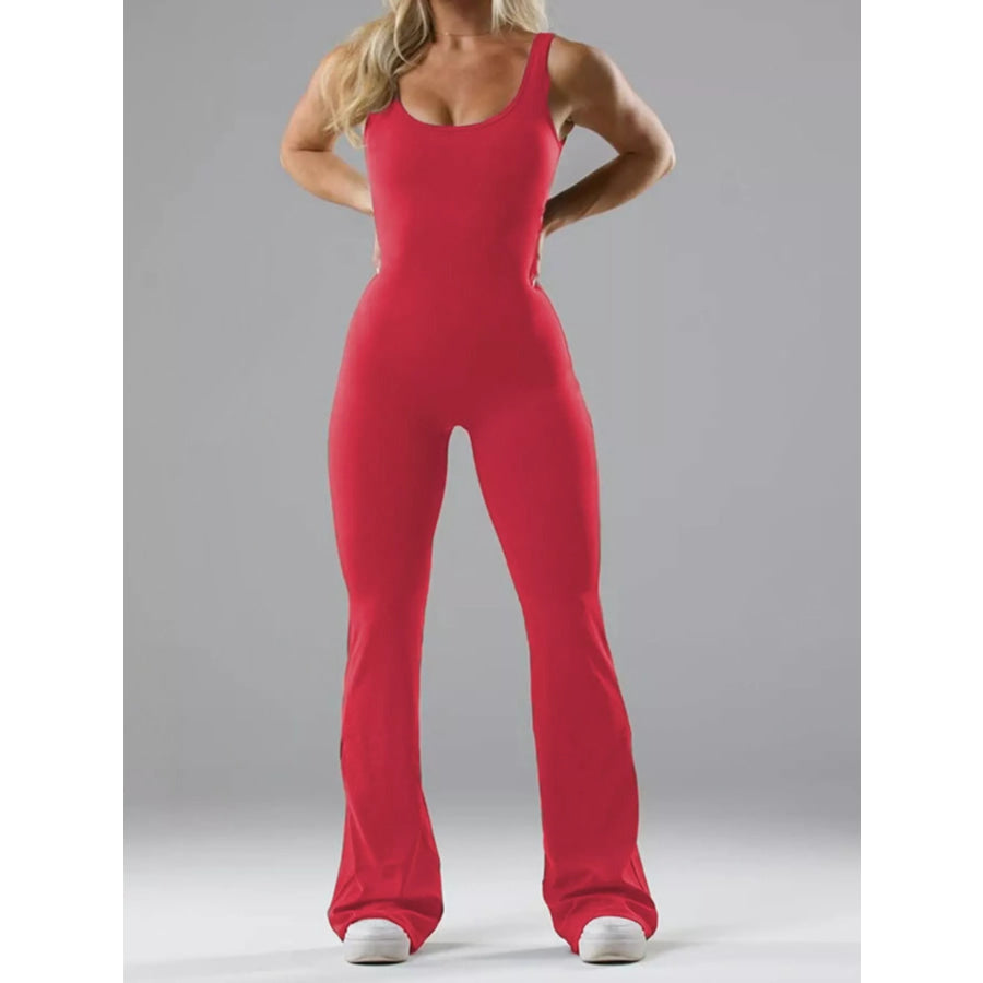 Seamless Scoop Neck Active Jumpsuit with Flared Leg Design Red / XS Apparel and Accessories
