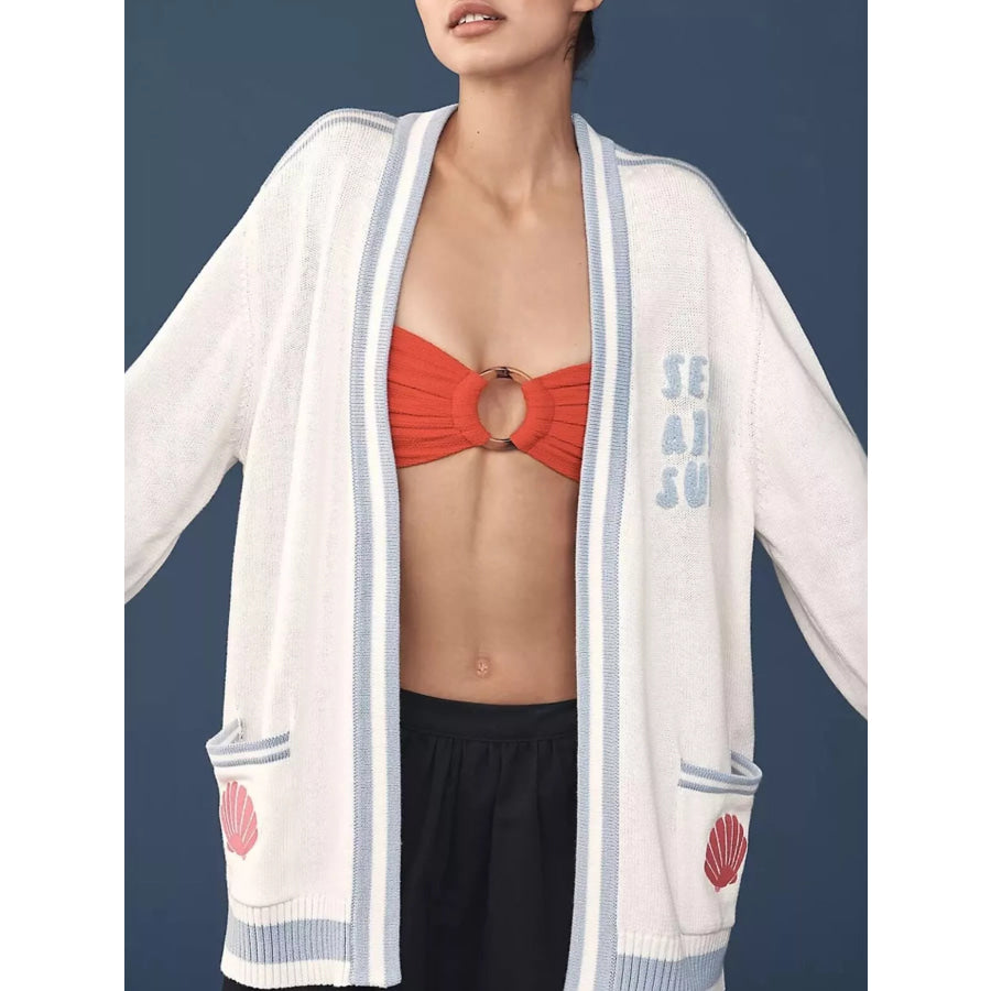 Seashell Embroidered Open Front Cardigan Gray/white / S Apparel and Accessories