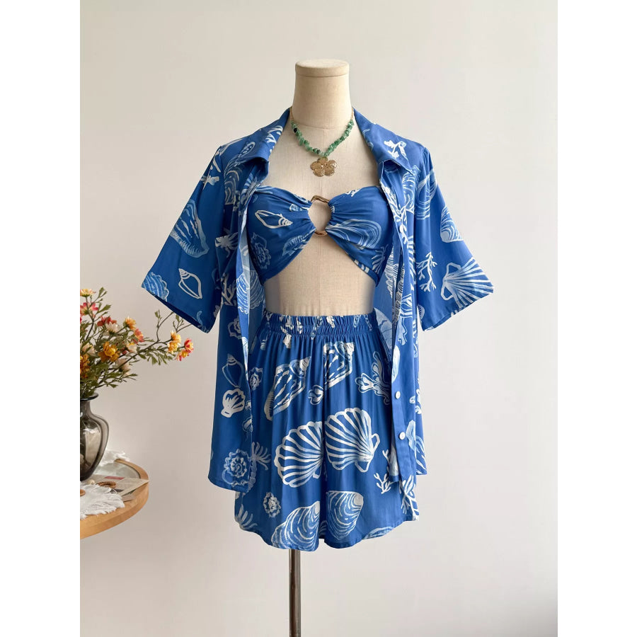 Seashell Print 3-Piece Summer Set Royal Blue / S Apparel and Accessories