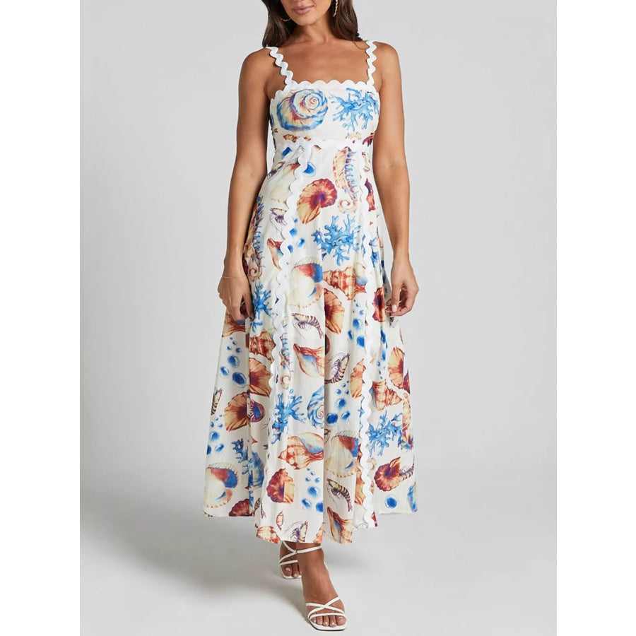 Seashell Print Scalloped Midi Dress Print / S Apparel and Accessories