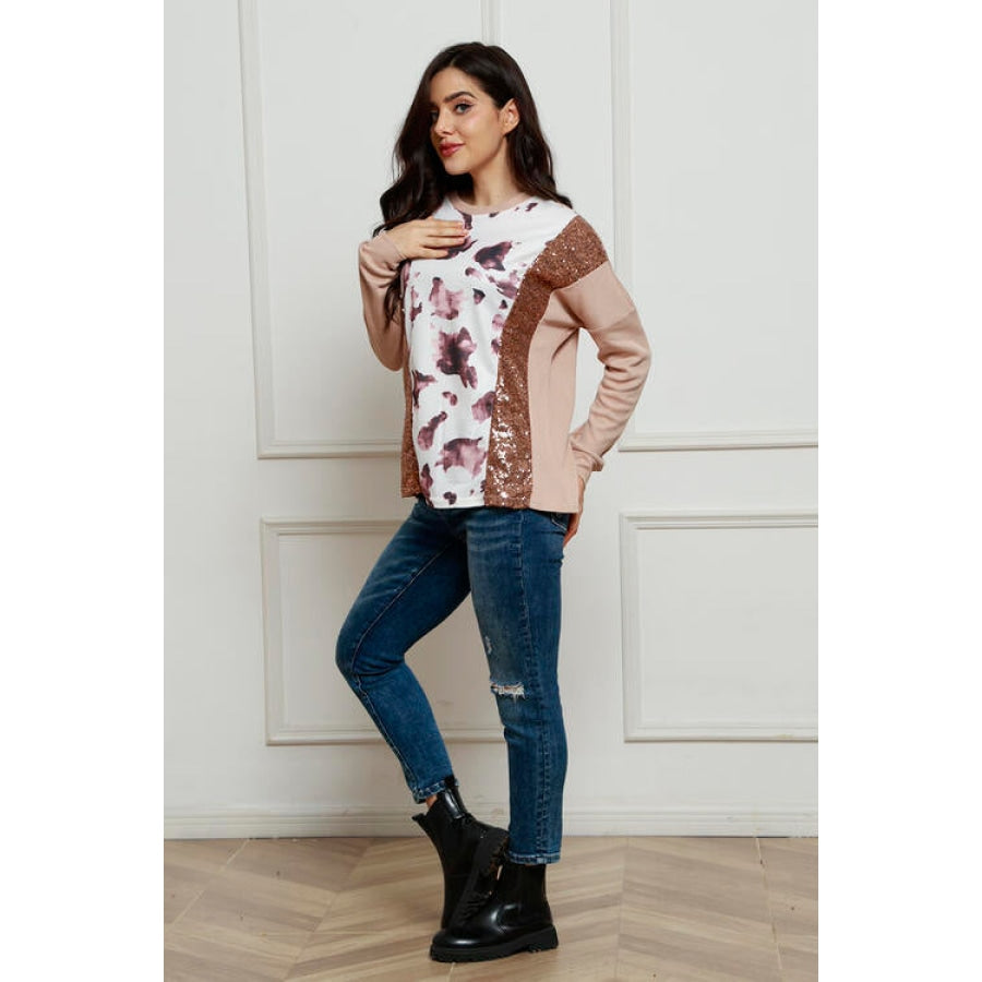 Sequin Animal Print Round Neck Sweatshirt