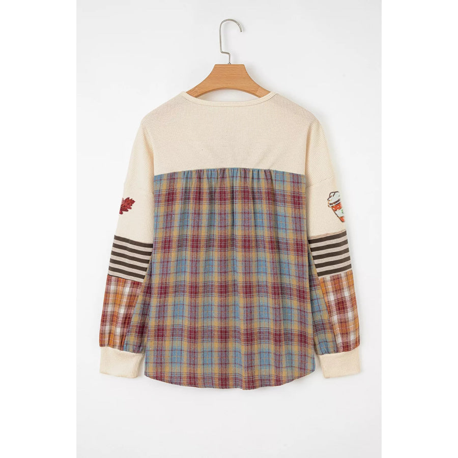 Sequin Autumn Leaf & Coffee Cup Waffle Knit Top Apparel and Accessories
