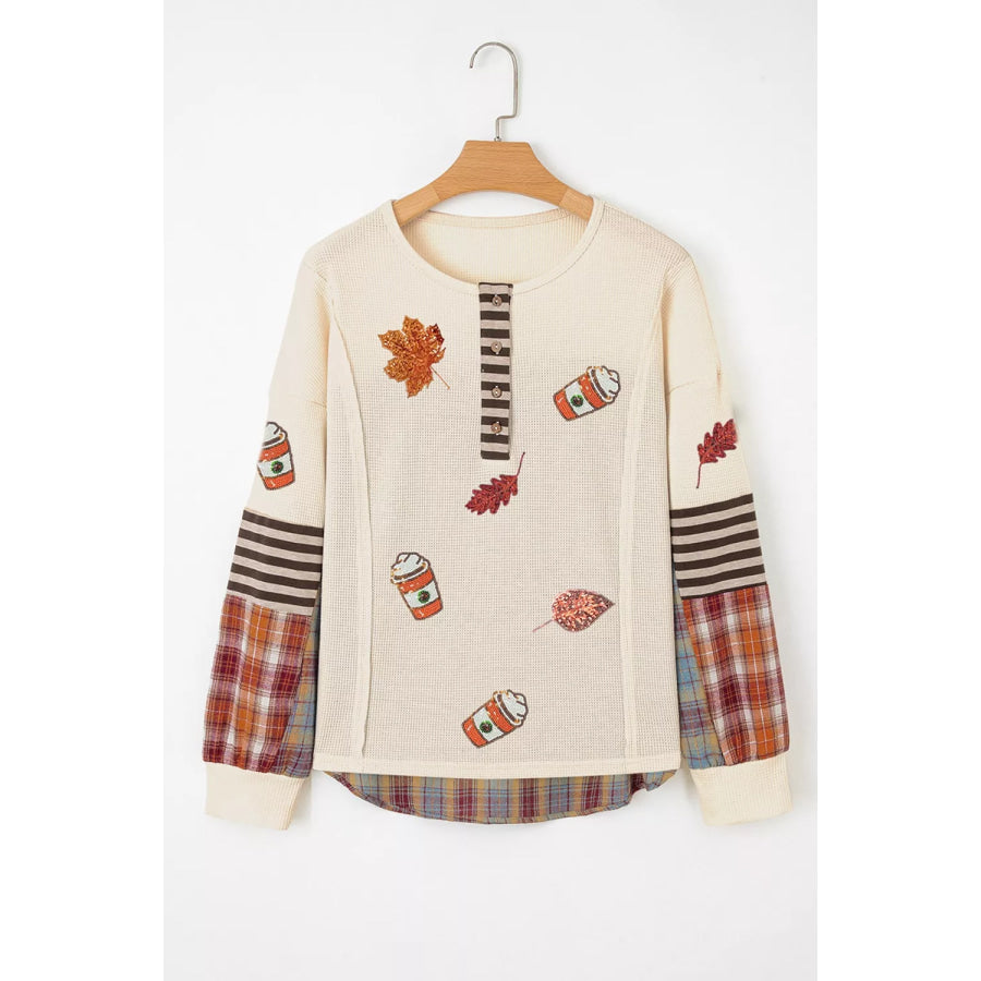 Sequin Autumn Leaf & Coffee Cup Waffle Knit Top Apparel and Accessories