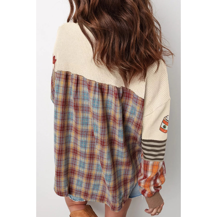 Sequin Autumn Leaf & Coffee Cup Waffle Knit Top Beige / S Apparel and Accessories