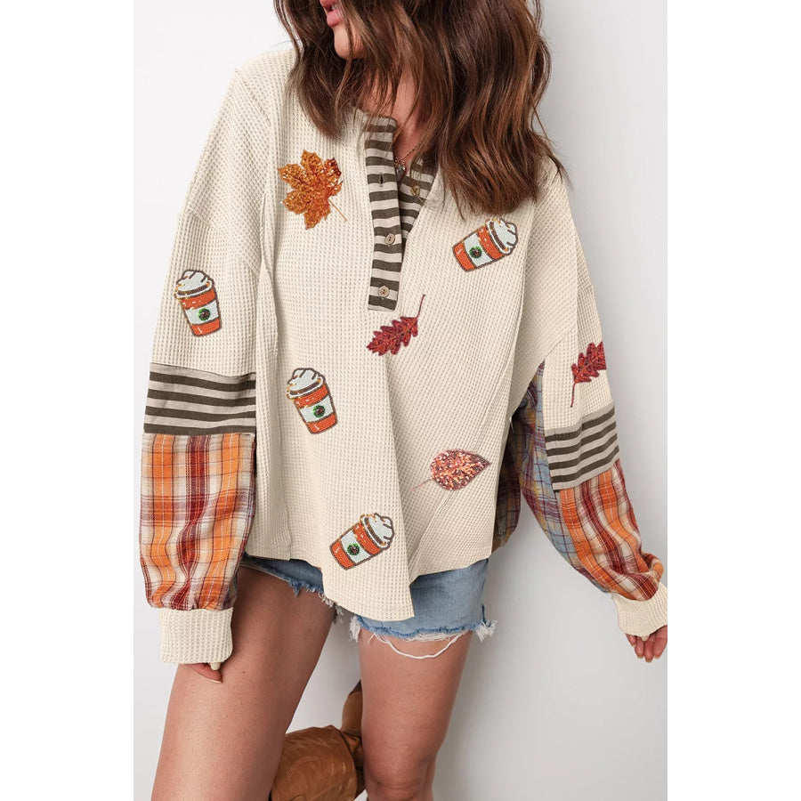 Sequin Autumn Leaf & Coffee Cup Waffle Knit Top Apparel and Accessories