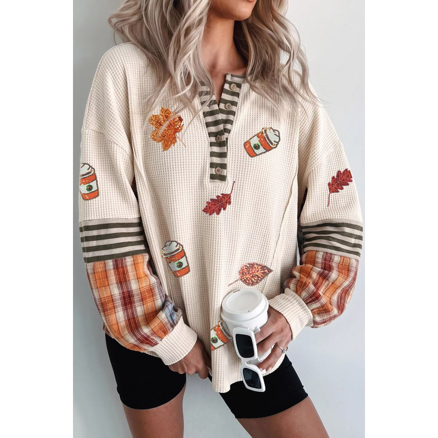 Sequin Autumn Leaf & Coffee Cup Waffle Knit Top Beige / S Apparel and Accessories
