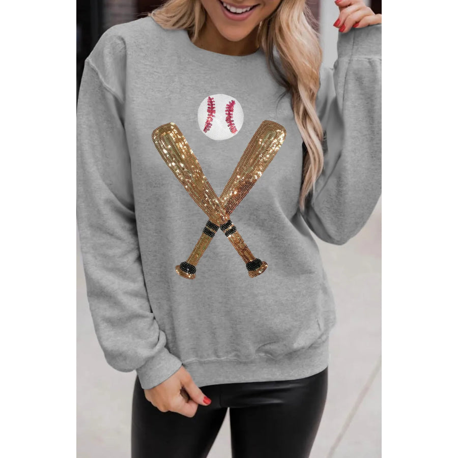 Sequin Baseball Long Sleeve Sweatshirt Gray / S Apparel and Accessories