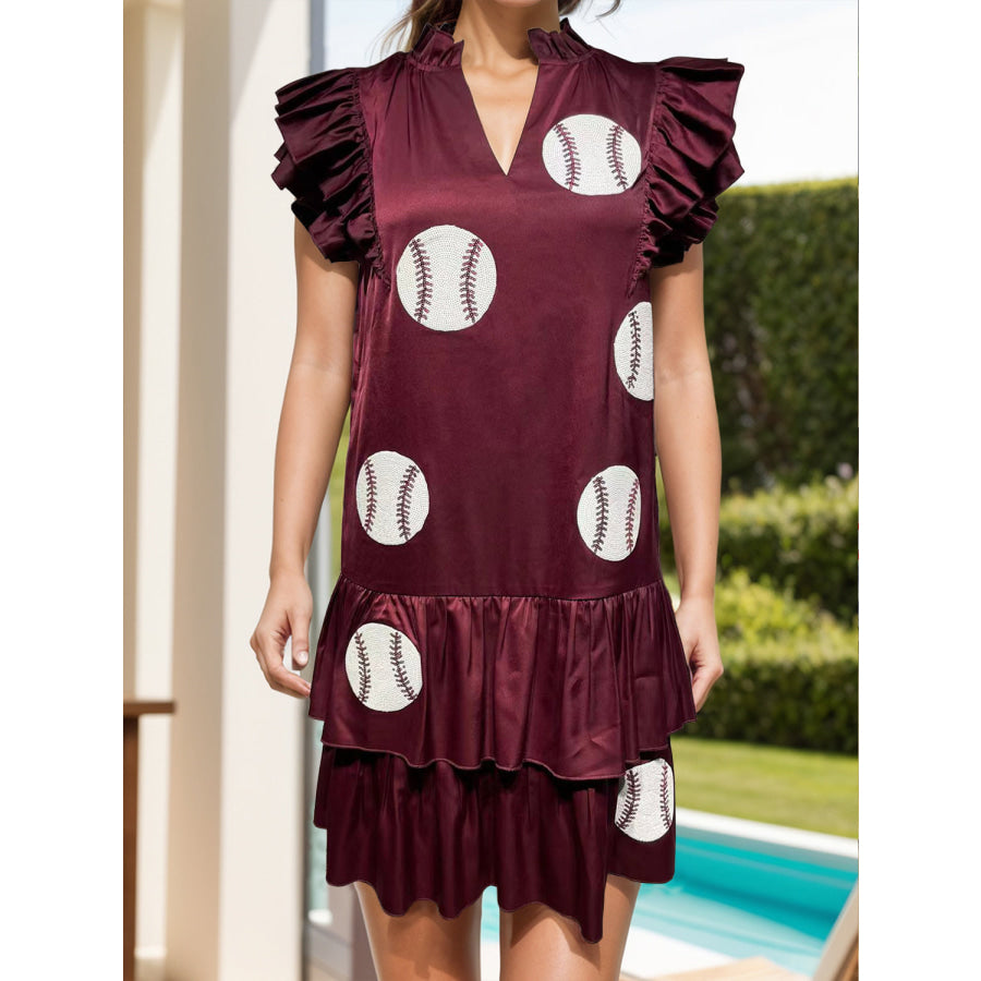 Sequin Baseball Notched Cap Sleeve Mini Dress Burgundy / S Apparel and Accessories