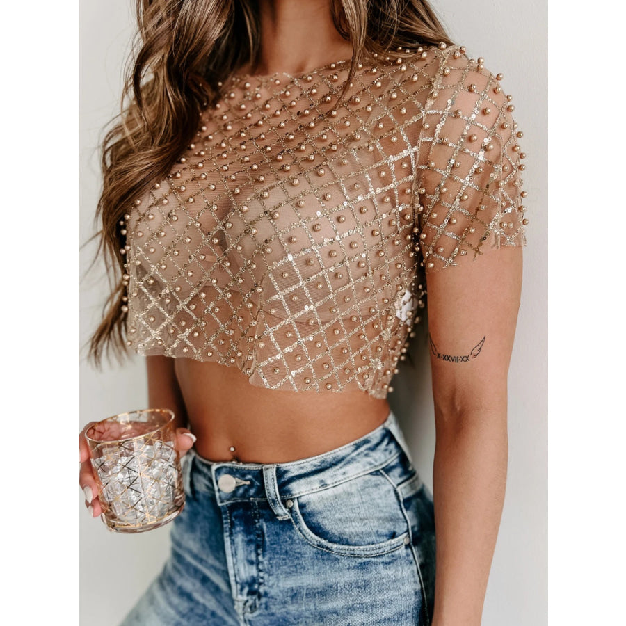 Sequin Bead Trim Round Neck Short Sleeve Blouse Apparel and Accessories