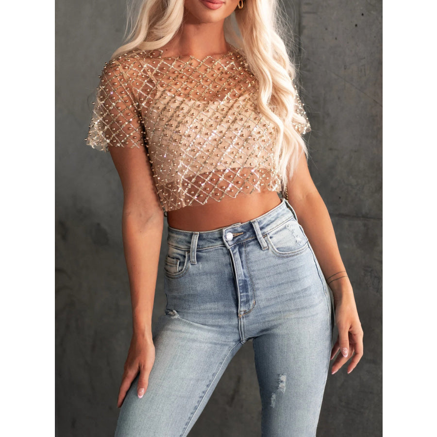 Sequin Bead Trim Round Neck Short Sleeve Blouse Apparel and Accessories