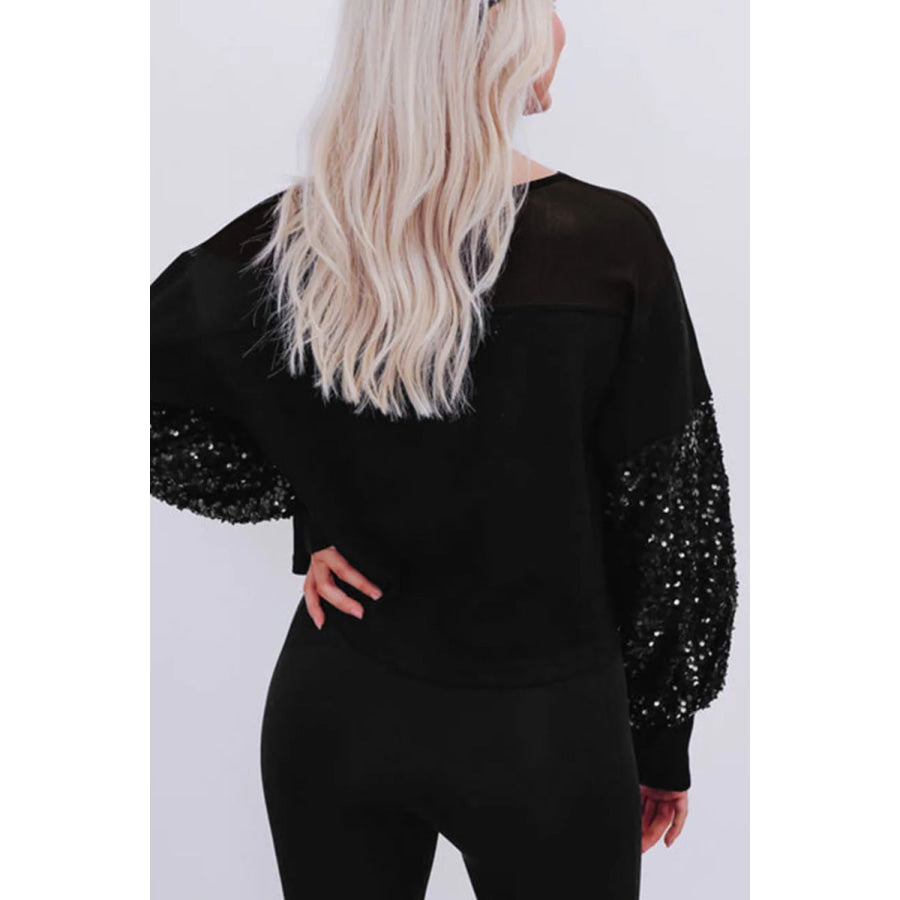 Sequin Boat Neck Long Sleeve Blouse Apparel and Accessories