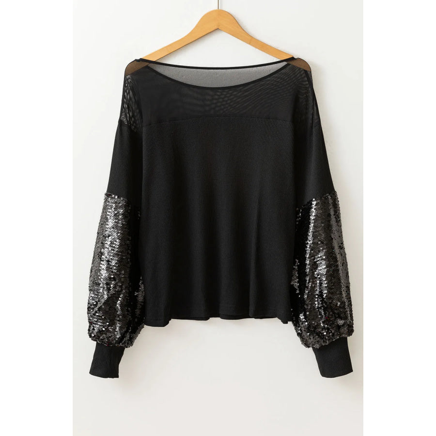 Sequin Boat Neck Long Sleeve Blouse Apparel and Accessories