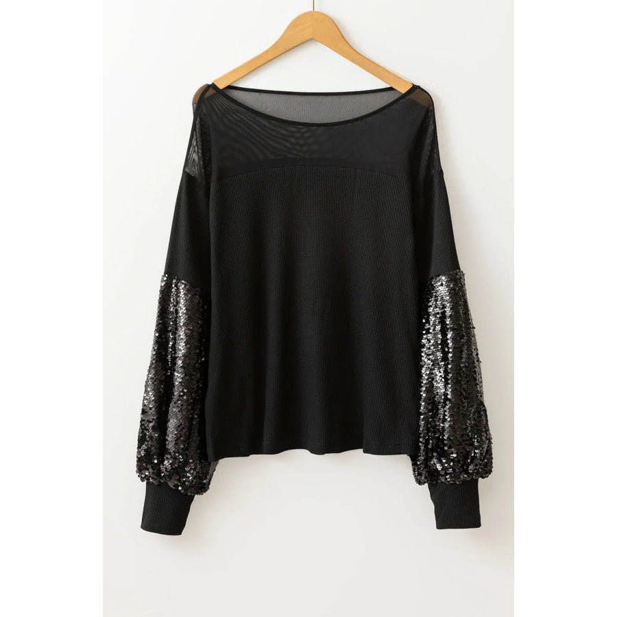 Sequin Boat Neck Long Sleeve Blouse Apparel and Accessories