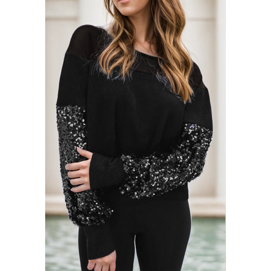 Sequin Boat Neck Long Sleeve Blouse Black / S Apparel and Accessories