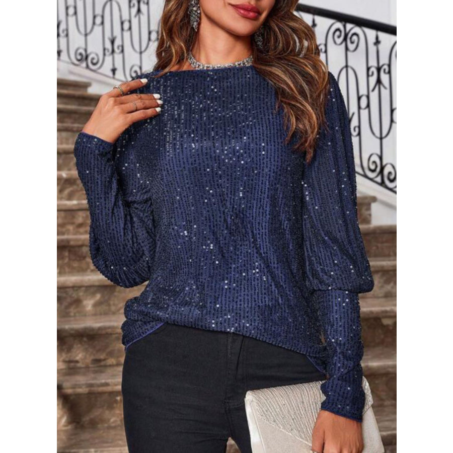 Sequin Boat Neck Long Sleeve Top Apparel and Accessories