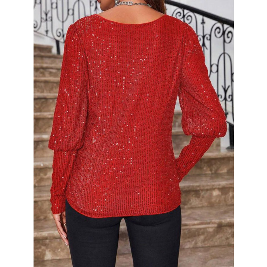 Sequin Boat Neck Long Sleeve Top Apparel and Accessories