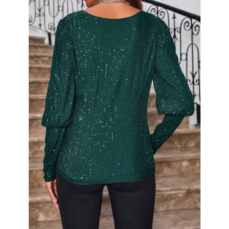 Sequin Boat Neck Long Sleeve Top Apparel and Accessories