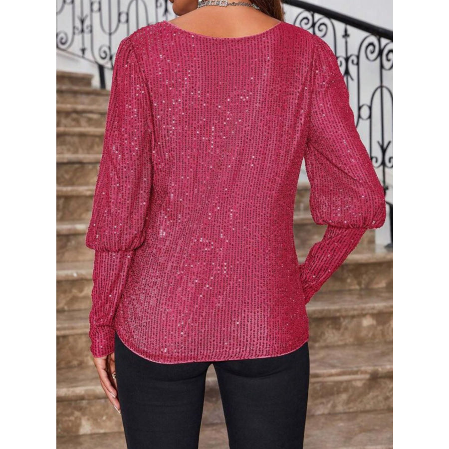 Sequin Boat Neck Long Sleeve Top Apparel and Accessories