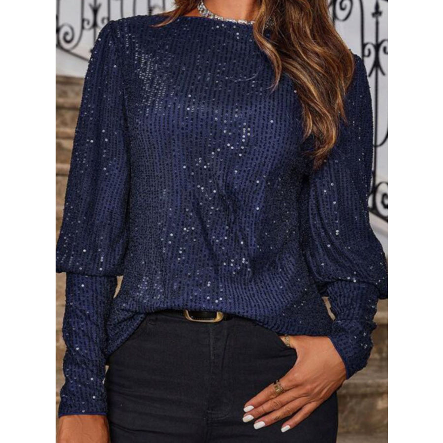 Sequin Boat Neck Long Sleeve Top Dark Blue / S Apparel and Accessories