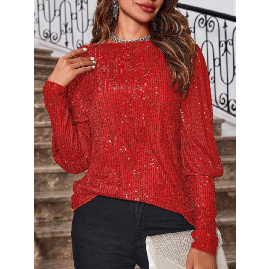 Sequin Boat Neck Long Sleeve Top Deep Red / S Apparel and Accessories