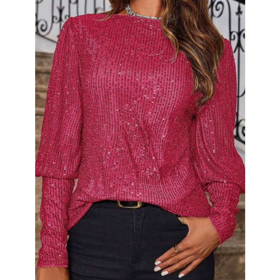 Sequin Boat Neck Long Sleeve Top Deep Rose / S Apparel and Accessories