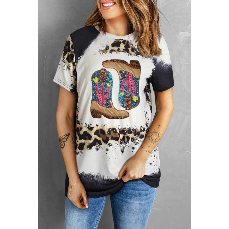 Sequin Boots Leopard Round Neck Short Sleeve T-Shirt Apparel and Accessories